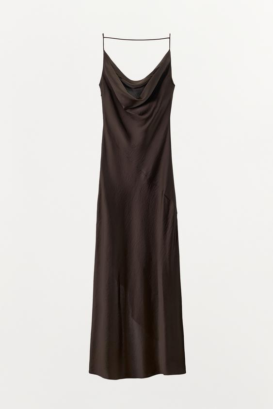 brown silk dress zara SATIN EFFECT LACE DRESS - Dark mink
