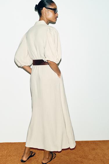 ROBE MI-LONGUE EN LIN AVEC CEINTURE - Beige clair de Zara - Image 5
