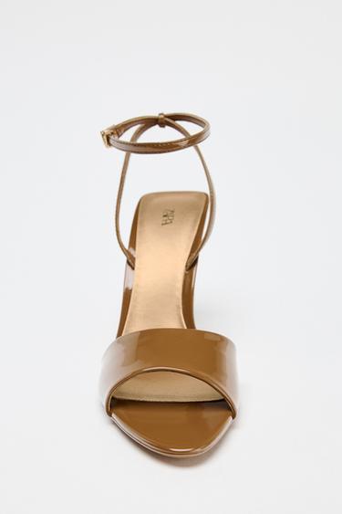 Zara PATENT LEATHER HEELED SANDALS - taupe brown