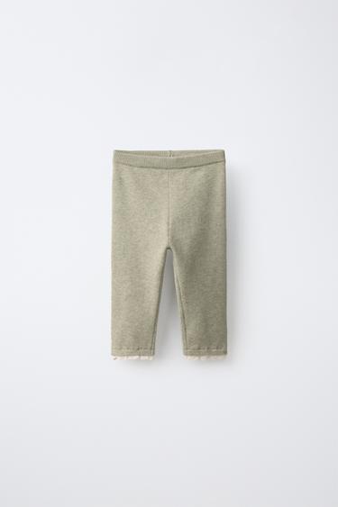 Zara LACE TRIM KNIT LEGGINGS - Mid-green
