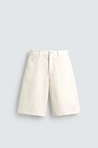 Zara PATCHED BAGGY FIT DENIM SHORTS - Oyster-white