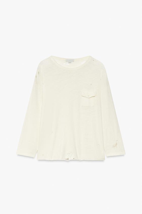 DISTRESSED EMBROIDERED POCKET T-SHIRT - Ecru by Zara - Image 0