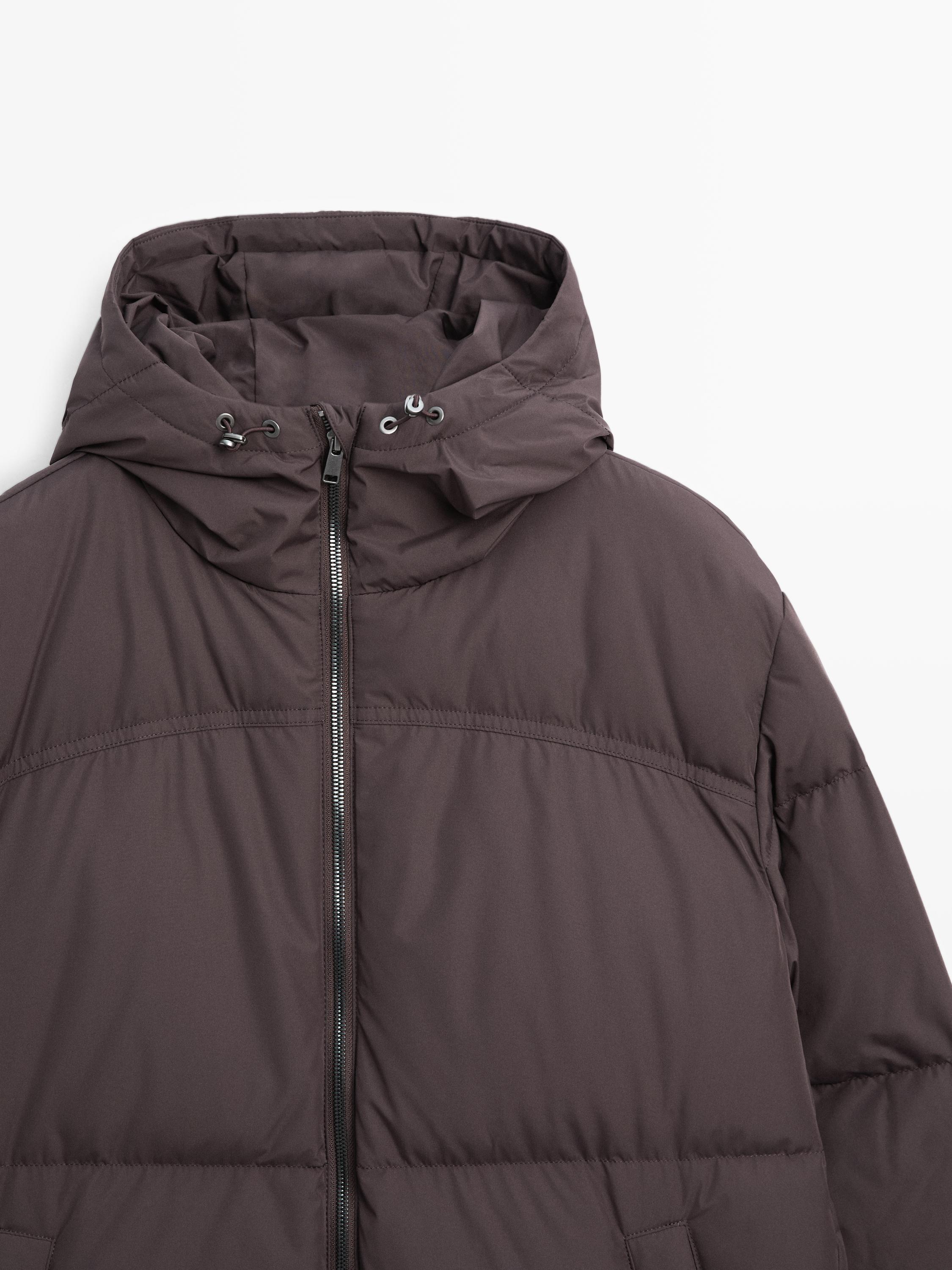 Long water-repellent hooded puffer jacket