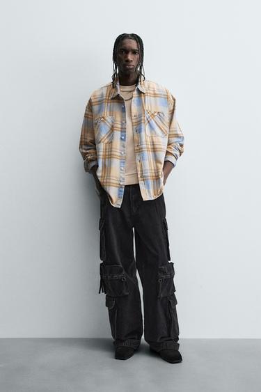 CAMISA CUADROS RELAXED FIT - Beige / Marino de Zara - Imagen 0