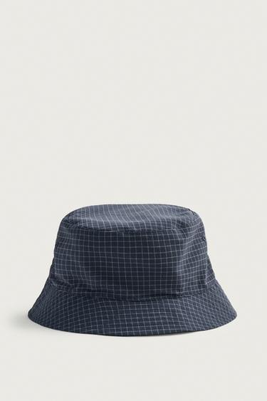 Zara REVERSIBLE PLAID BUCKET HAT - Blue