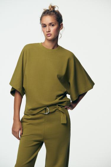 PANTALON ASPECT BRUT CEINTURE - Vert olive de Zara