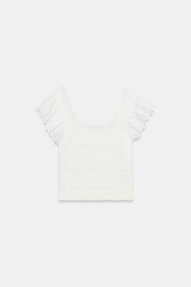 Zara EMBROIDERED EYELET KNIT TOP - White