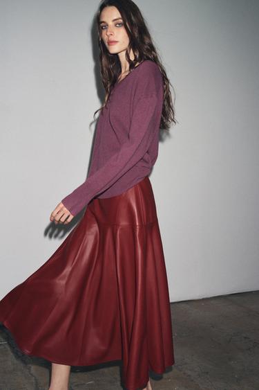 Zara FAUX LEATHER MIDI SKIRT ZW COLLECTION - Maroon