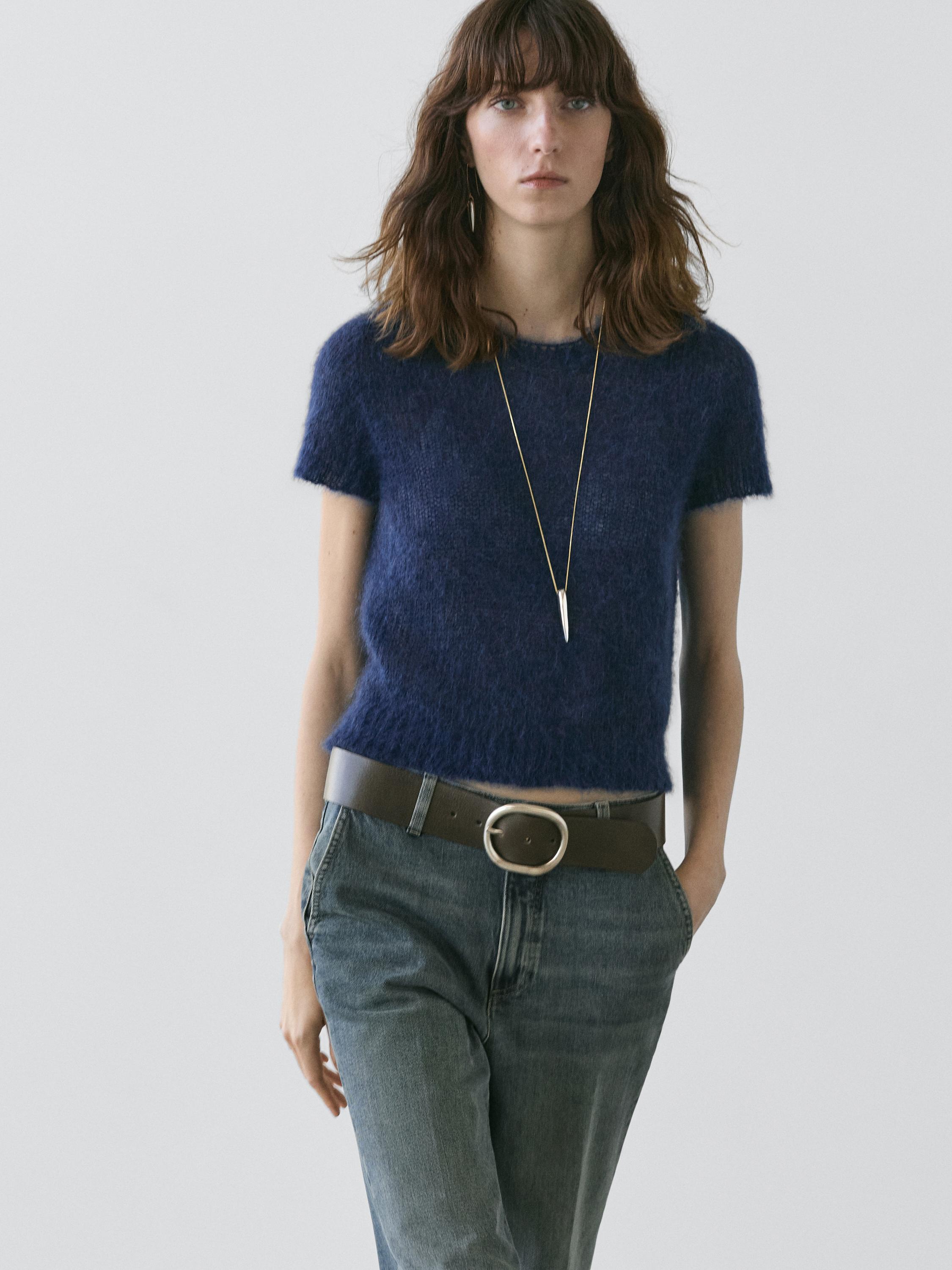 Short sleeve knit alpaca blend sweater