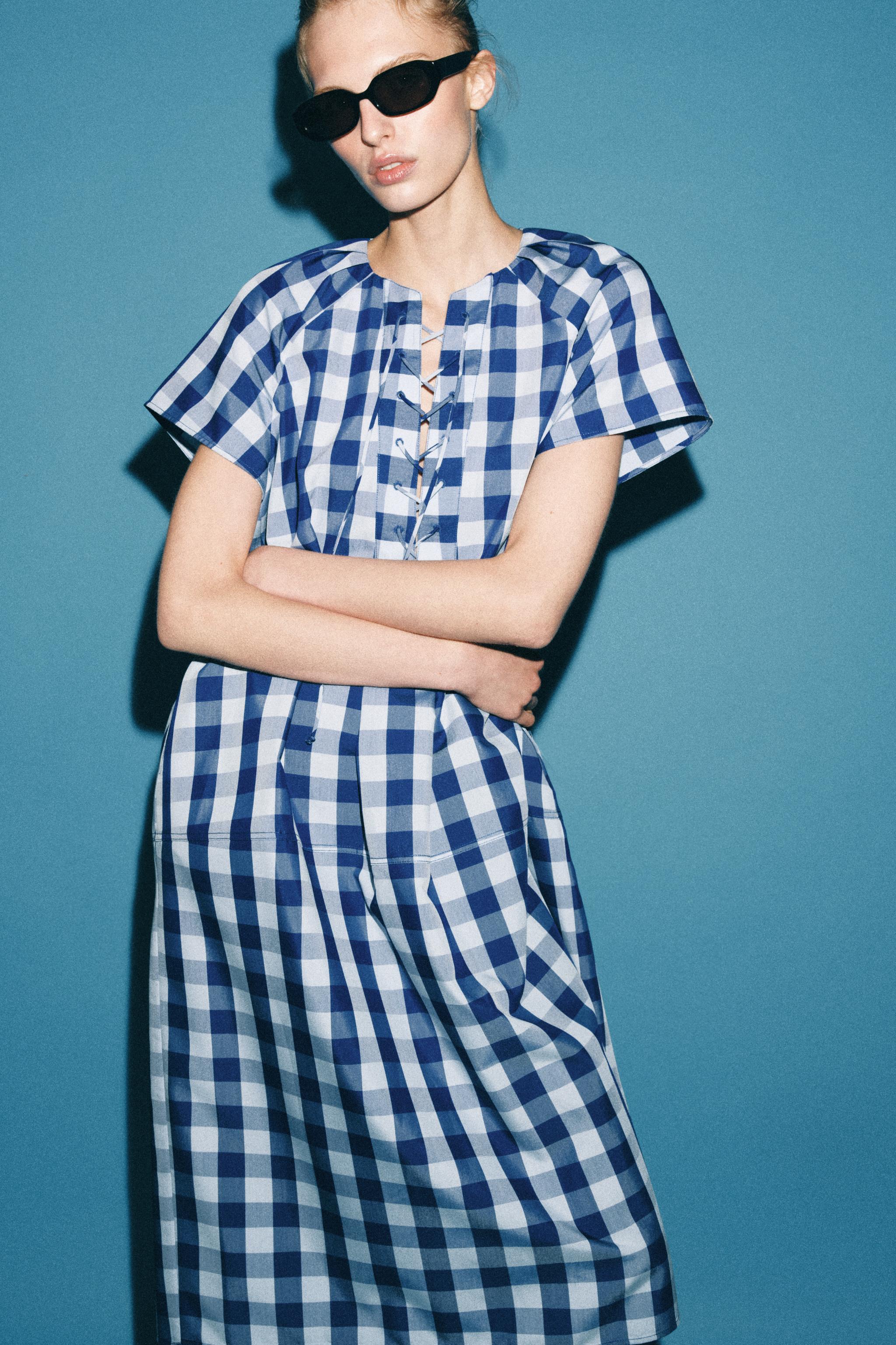 ZW COLLECTION CHECKED TIE DRESS - Blue | ZARA United Kingdom