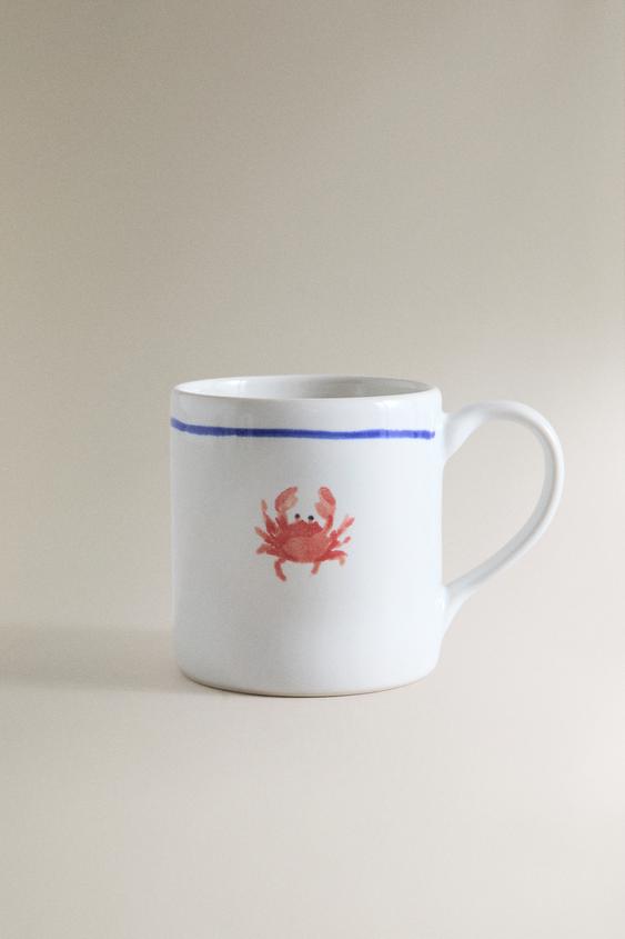 SEA CREATURE STONEWARE MUG - White / Red by Zara - Image 0