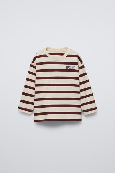 STRIPED EMBROIDERED TEXT T-SHIRT - Ecru / Maroon by Zara - Image 0