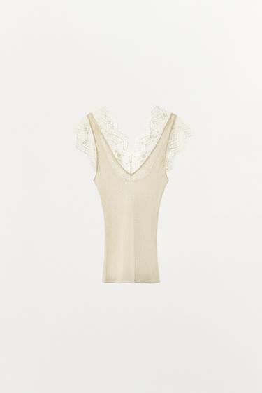 Zara LACE KNIT TOP - Ecru