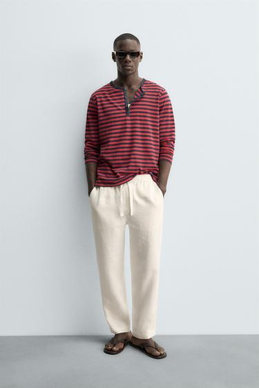 STRIPED LINEN - COTTON HENLEY T-SHIRT - red/navy by Zara