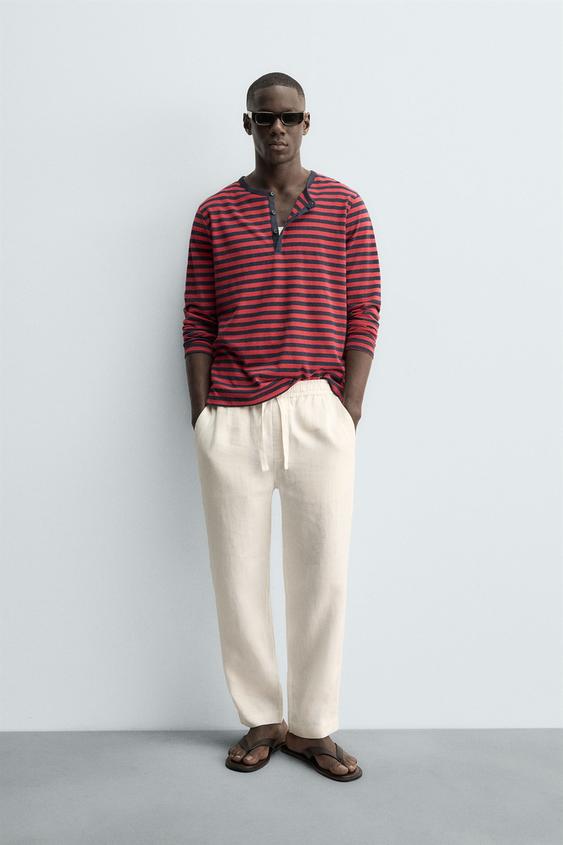 ROUND NECK STRIPED LINEN COTTON T-SHIRT from Zara - $59.90