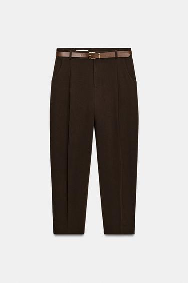PANTALÓN TOBILLERO CINTURÓN - Marrón oscuro de Zara