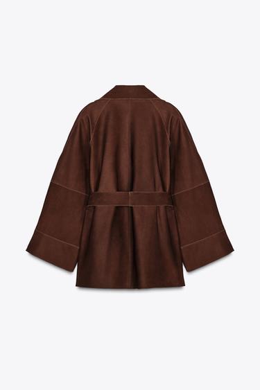 OVERSIZE SHORT SUEDE LEATHER TRENCH COAT - Brown by Zara - Image 5