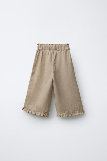 PANTALON 100% LIN FLEURS BRODÉES - Vison de Zara - Image 1