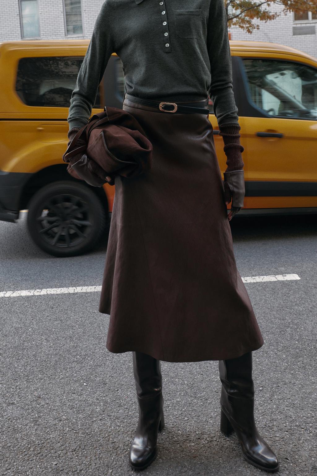 FAUX LEATHER BELTED MIDI SKIRT - image 2