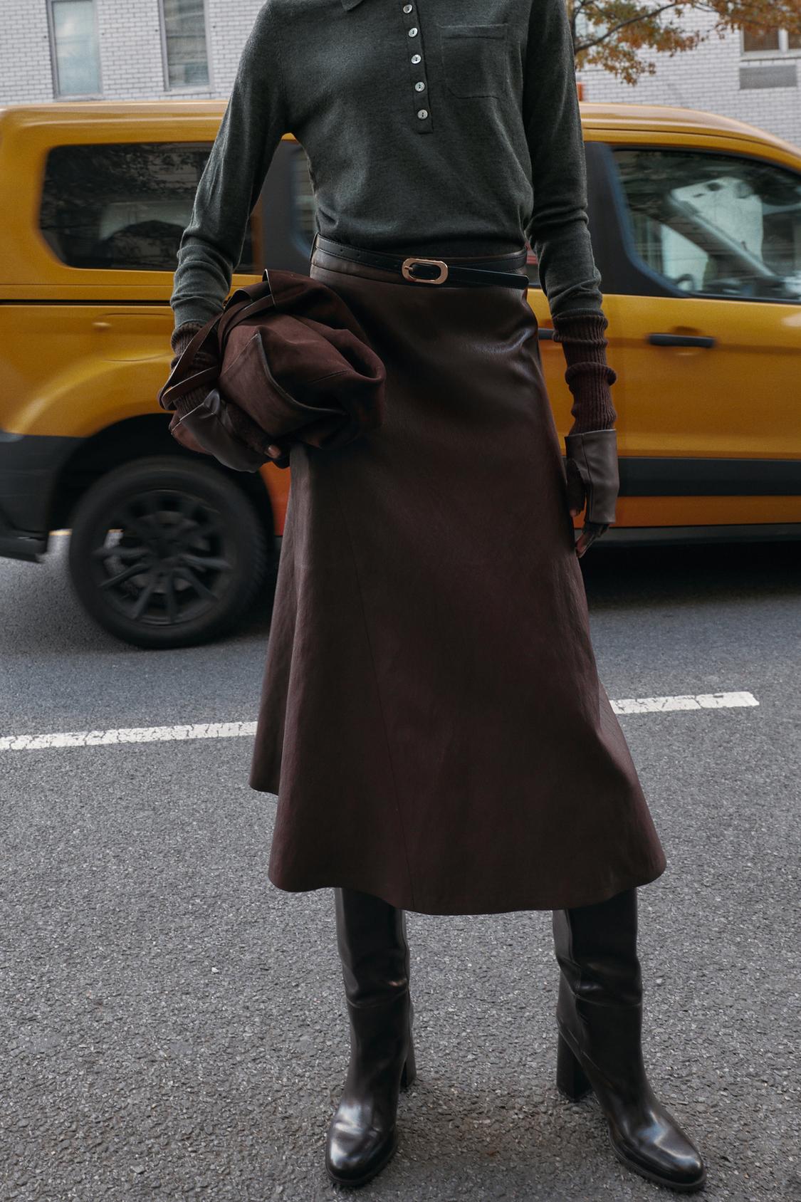 FAUX LEATHER BELTED MIDI SKIRT