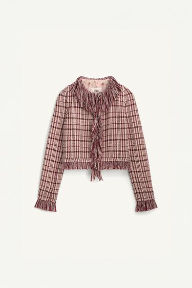 Zara LIMITED EDITION FRINGED TEXTURED JACKET - Dark pink