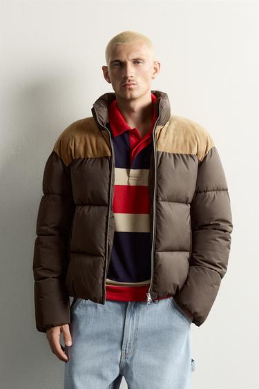 Zara MIXED LEATHER PUFFER JACKET - Light beige