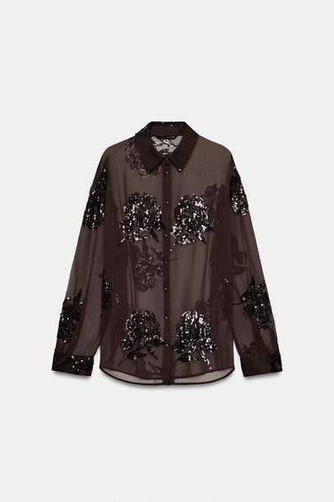 قميص خرزات وترتر - بني الخاص بـ Zara - صورة 0