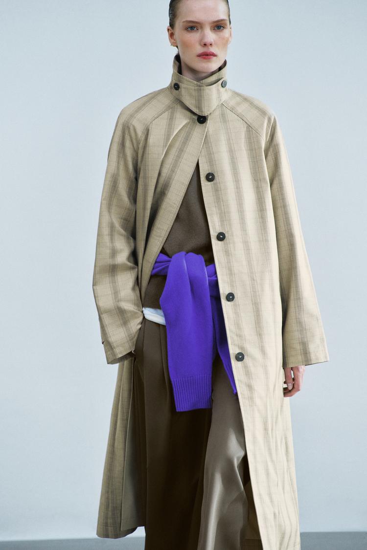 ZW COLLECTION LONG PLAID TRENCH COAT — Beige