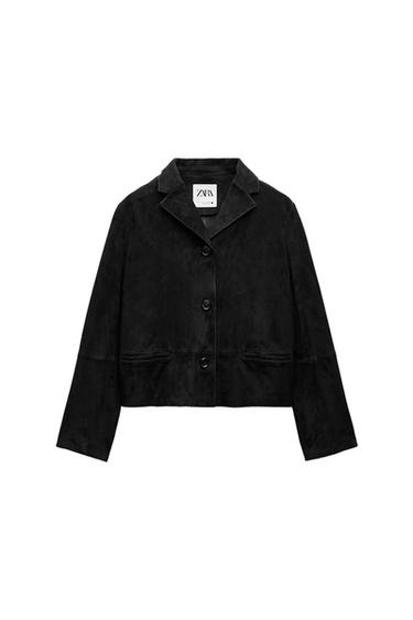 Front view of a black jacket with lapel and three visible buttons.