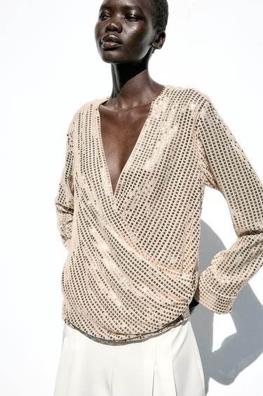 SEQUIN CROSSOVER BLOUSE - Gold by Zara