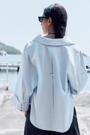 CHEMISE EN POPELINE À MANCHES LARGES - Bleu clair de Zara - Image 4