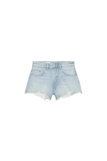 Zara TRF RIPPED HIGH-WAISTED DENIM SHORTS - Light blue