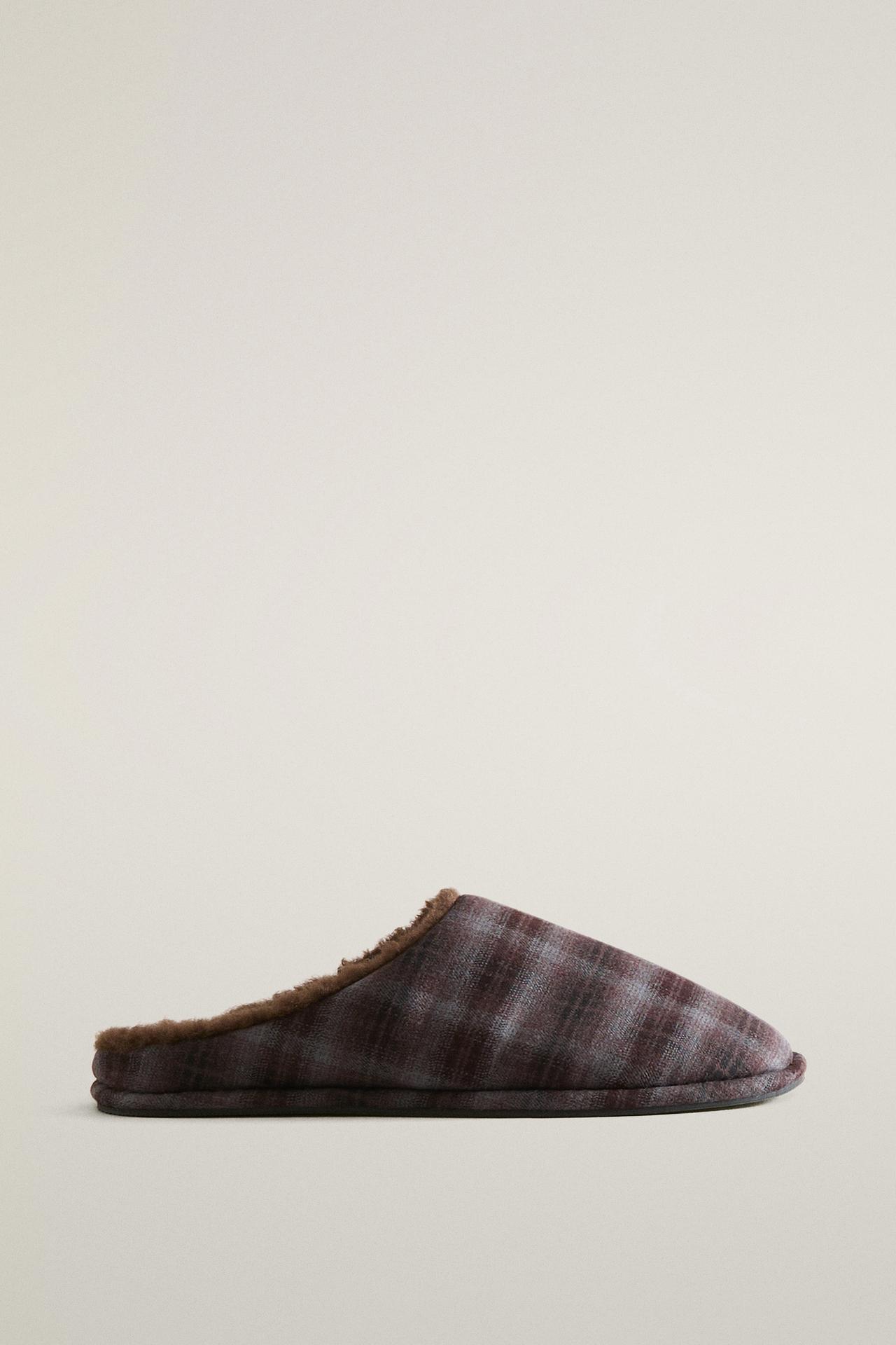 WARM CHECK MULE SLIPPERS — Brown