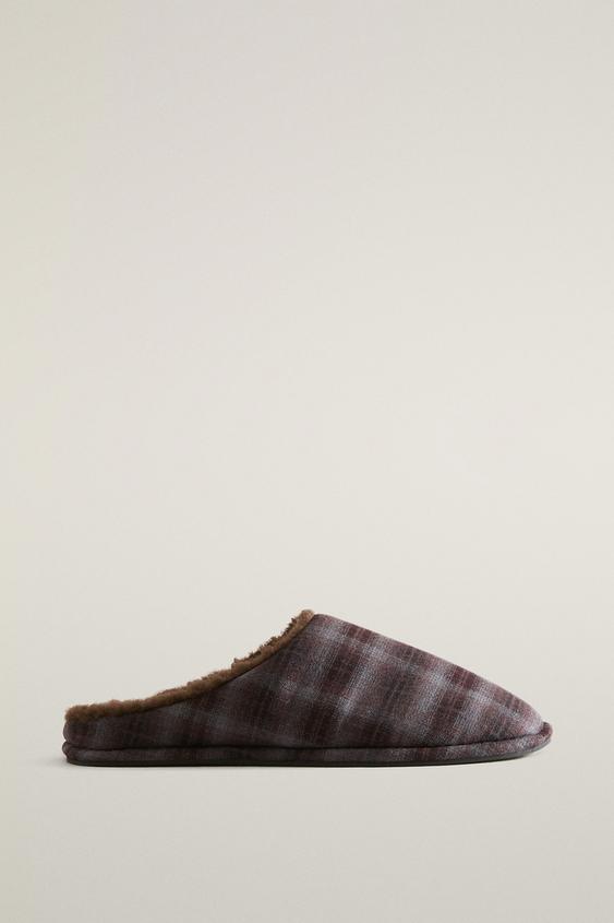 Zara WARM CHECK MULE SLIPPERS - Brown - Image 0