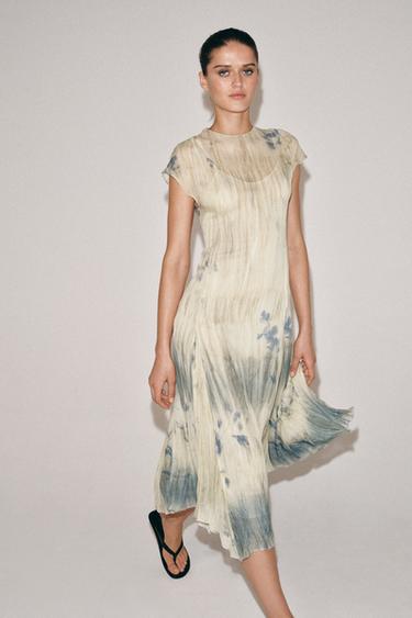 ПЛАТЬЕ МИДИ С ПРИНТОМ — ZW COLLECTION — Цвет небеленого полотна/Синий от Zara