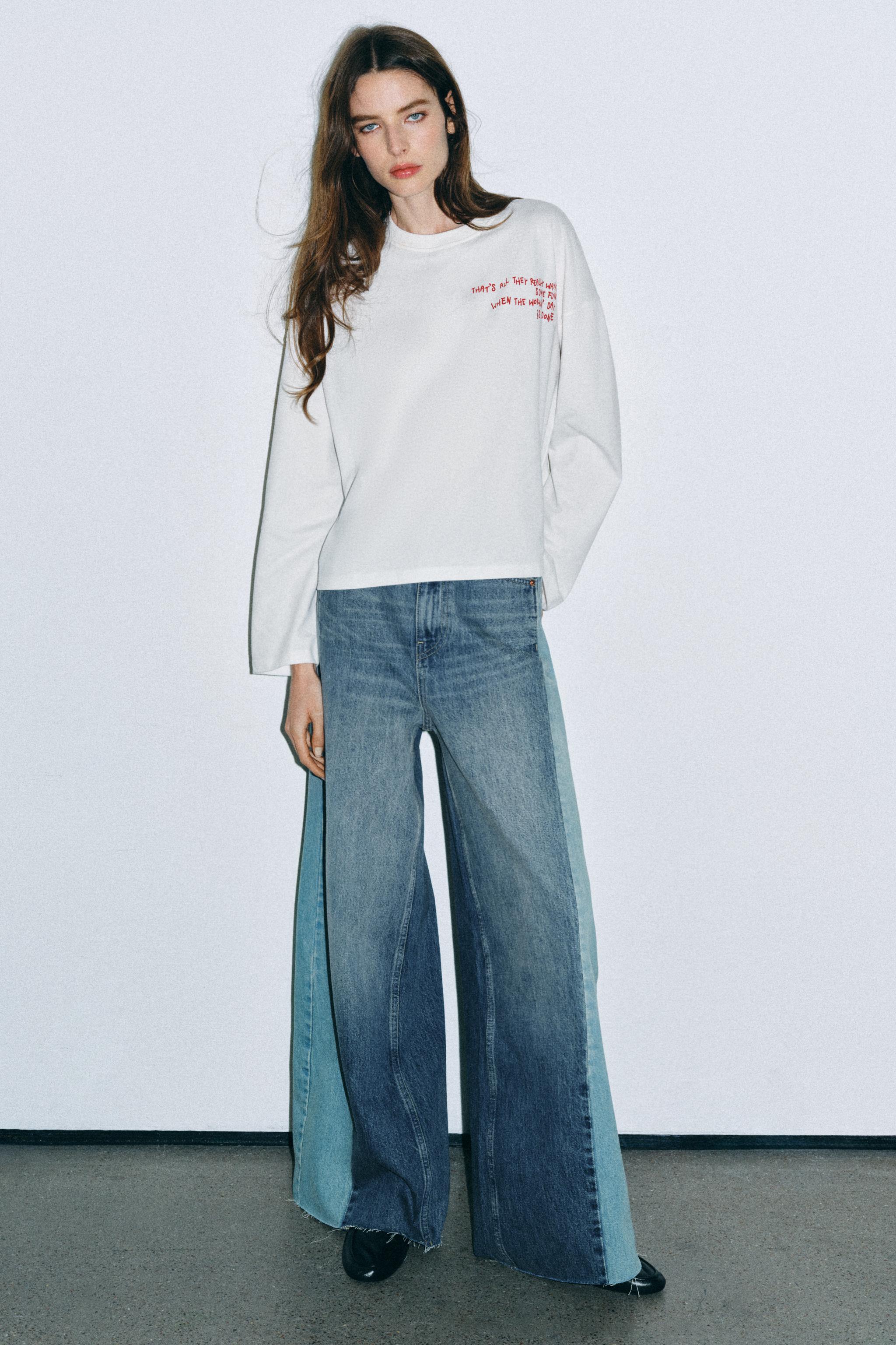 Zara ZW COLLECTION GENİŞ PAÇA ORTA BEL PATCHWORK JEAN görsel 4