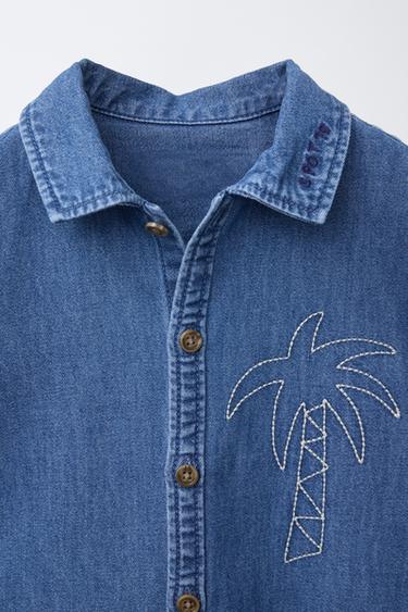 DENIM SHIRT WITH EMBROIDERED PALM TREES - Blue by Zara - Image 2