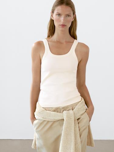 Zara Cotton blend round neck top - Beige