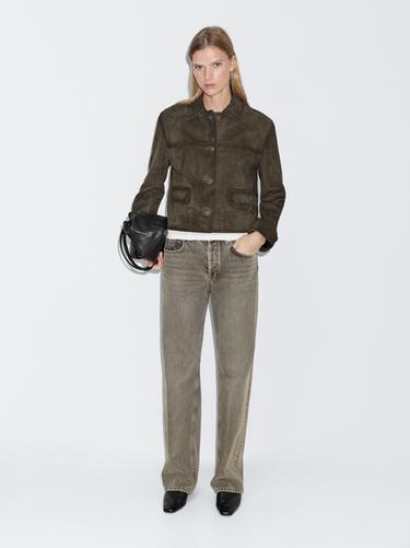 Zara Suede leather jacket with lined buttons - Green