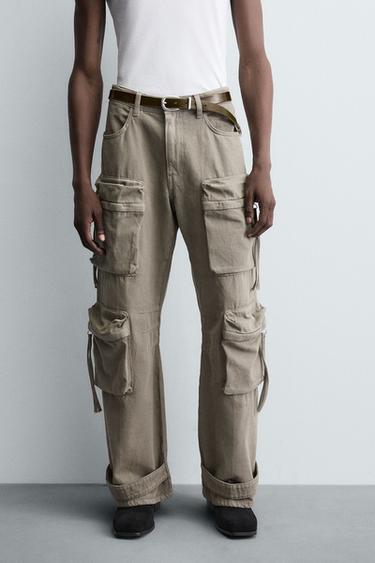 Zara DENIM CARGO PANTS WITH POCKETS - Sand