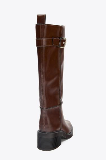 Zara TOPSTITCHED HIGH-SHAFT BOOTS - Burgundy Red