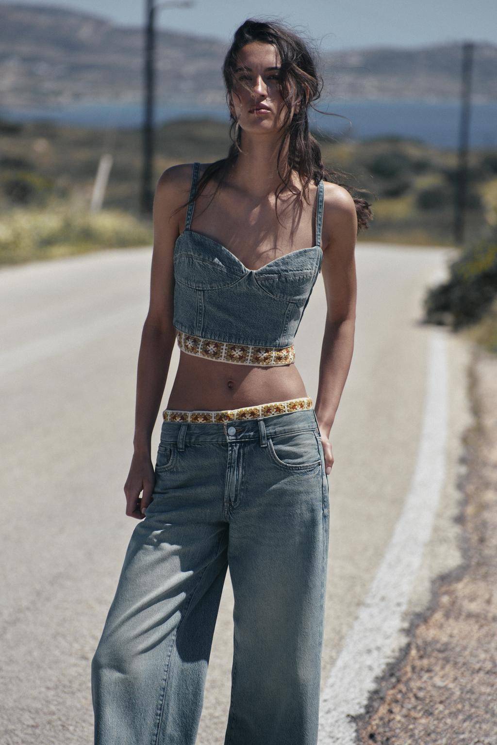Z1975 COMBINATION CROCHET DENIM TOP