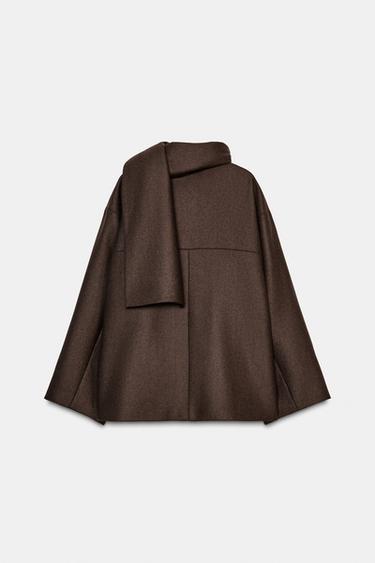 CROPPED WOOL COAT WITH SCARF - Brown by Zara - Image 7