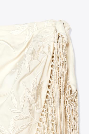 EMBROIDERED FRINGED WRAP SKIRT - Ecru by Zara - Image 6