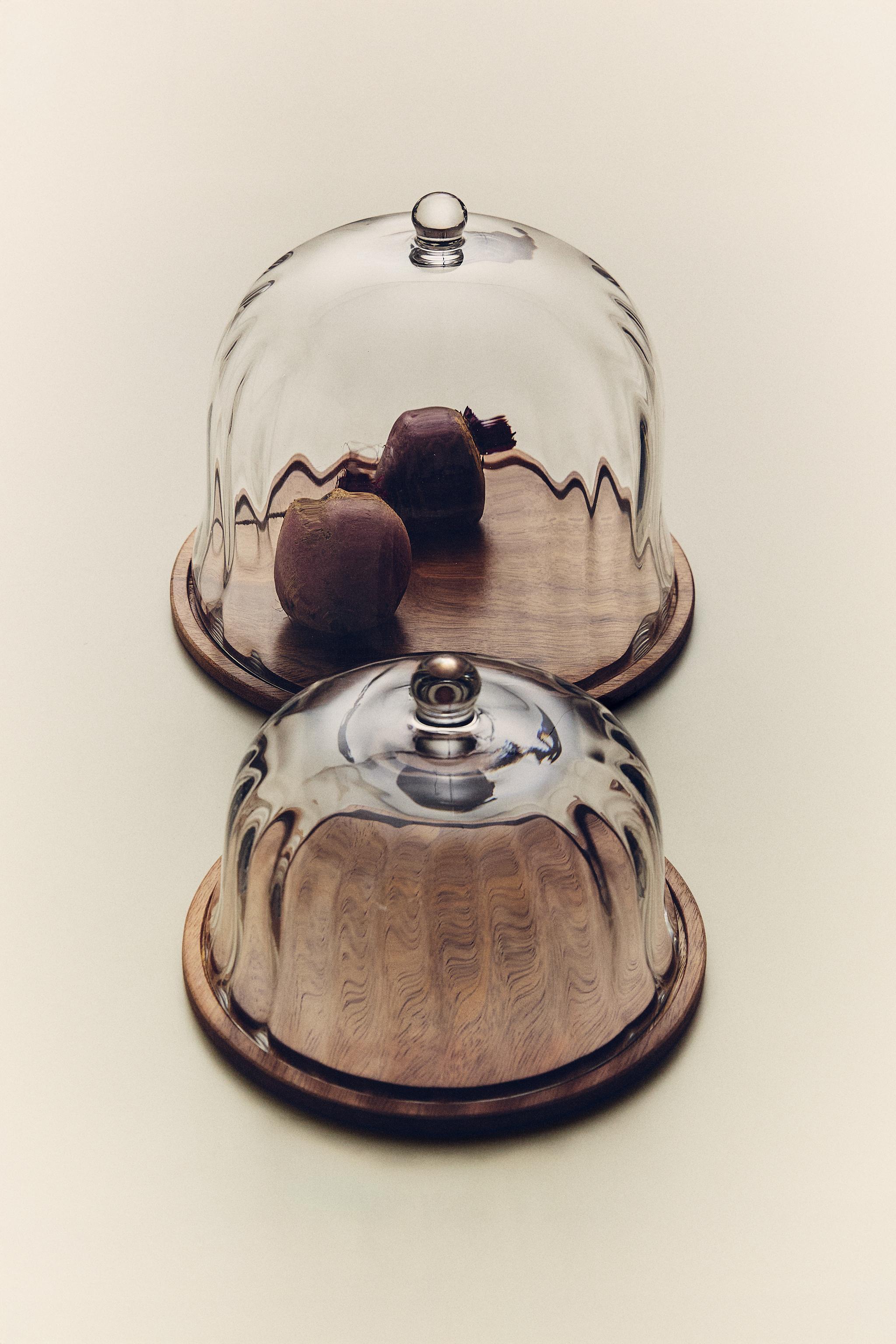 WOODEN CAKE STAND WITH GLASS DOME