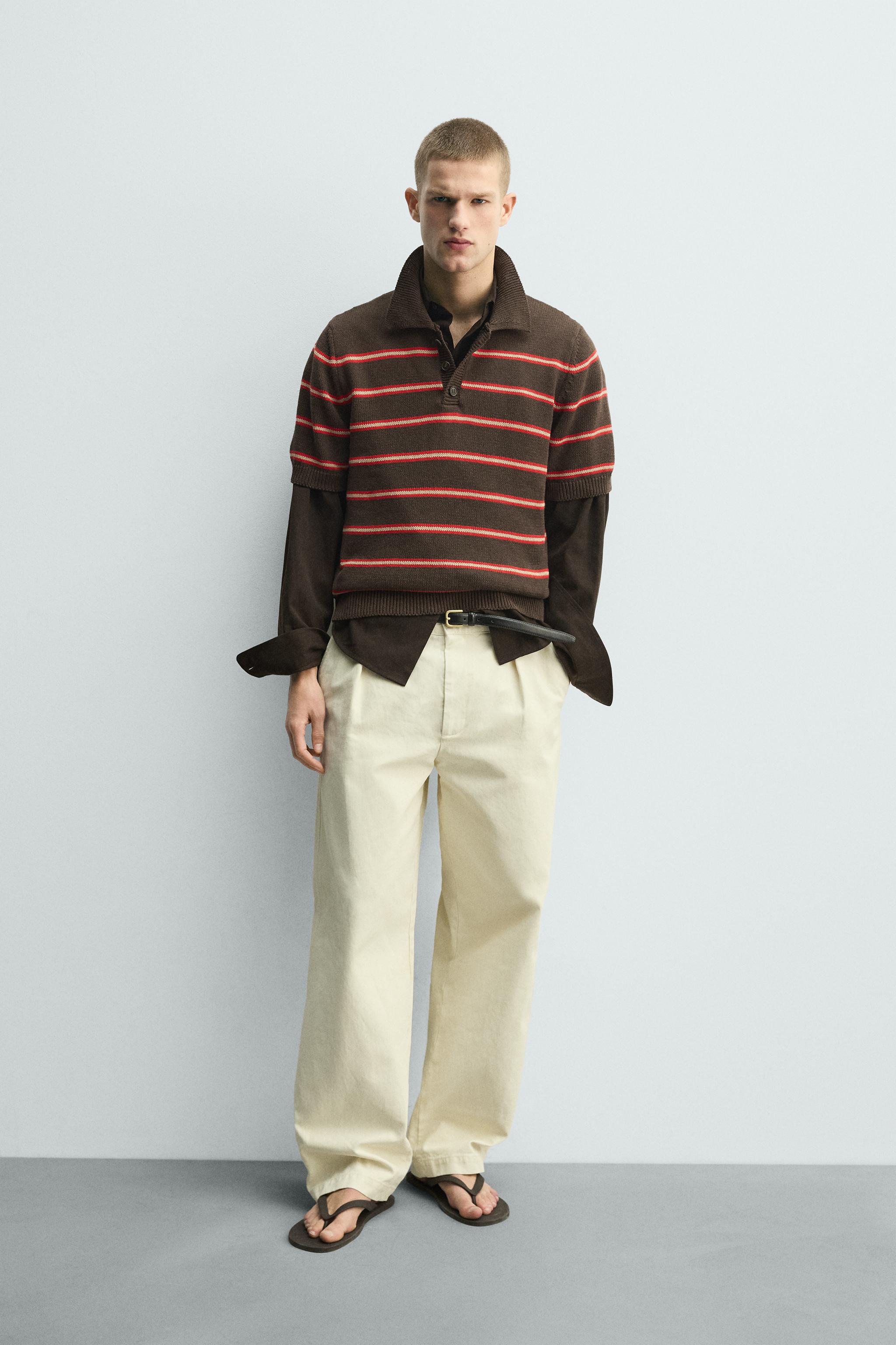 ストライプ柄ジャカードニットポロシャツ - ブラウン | ZARA Japan / 日本