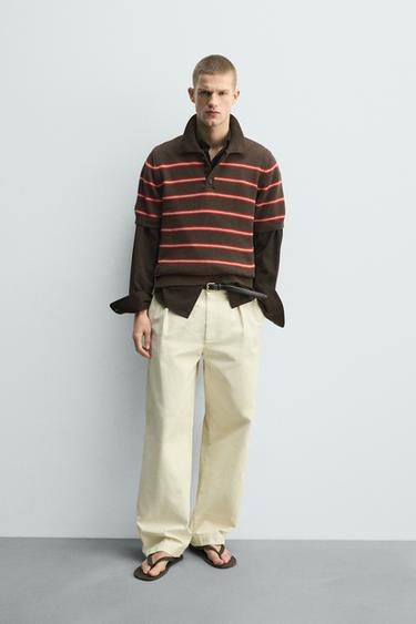 STRIPED JACQUARD KNIT POLO SHIRT - Brown by Zara - Image 0