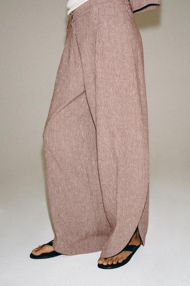 Zara ZW COLLECTION LINEN BLEND VENTED TROUSERS - Maroon