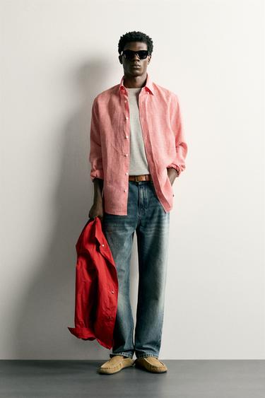 100% LINEN CHECK REGULAR FIT SHIRT - Red by Zara - Image 0