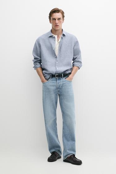 Zara 100% linen regular fit gingham shirt - Navy blue - Image 0